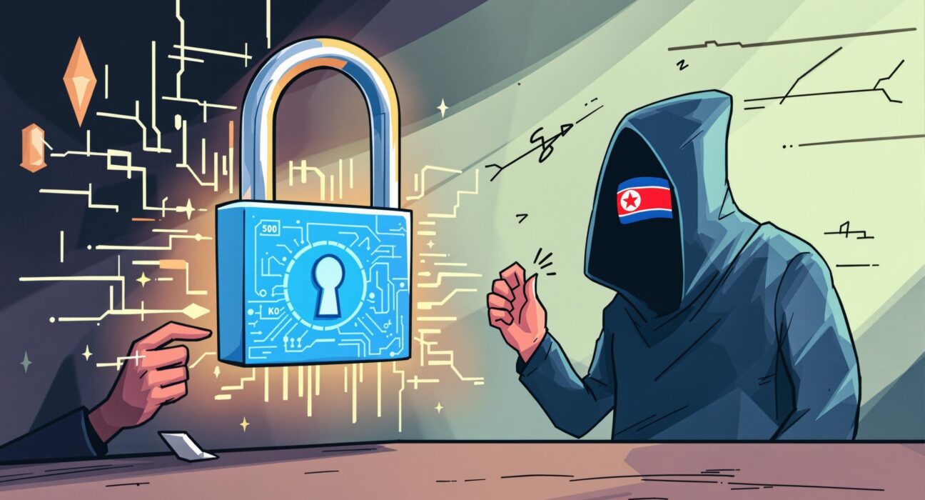 Cartoon showing a crypto executive navigating complex cryptocurrency sanctions, highlighting the challenge of compliance and cyber threats.