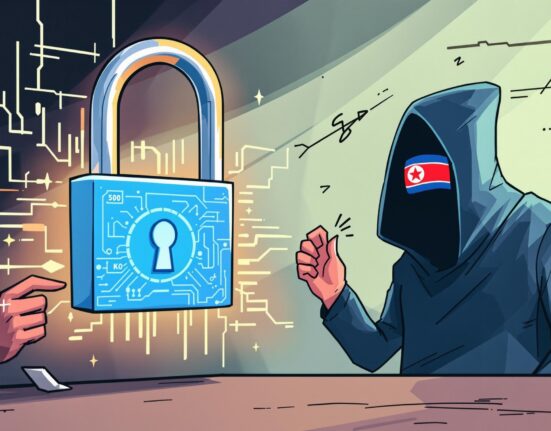 Cartoon showing a crypto executive navigating complex cryptocurrency sanctions, highlighting the challenge of compliance and cyber threats.