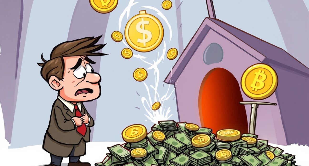 A cartoon depicting a church administrator's tragic loss of donations to a cryptocurrency scam, highlighting investment risks.