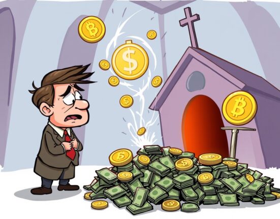 A cartoon depicting a church administrator's tragic loss of donations to a cryptocurrency scam, highlighting investment risks.