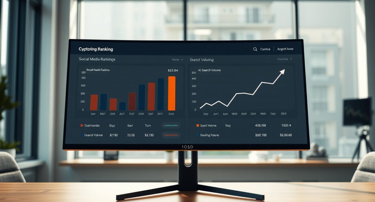 Data visualization dashboard showing cryptocurrency social media dominance and AI search volume rankings for market analysis
