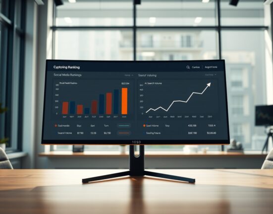 Data visualization dashboard showing cryptocurrency social media dominance and AI search volume rankings for market analysis