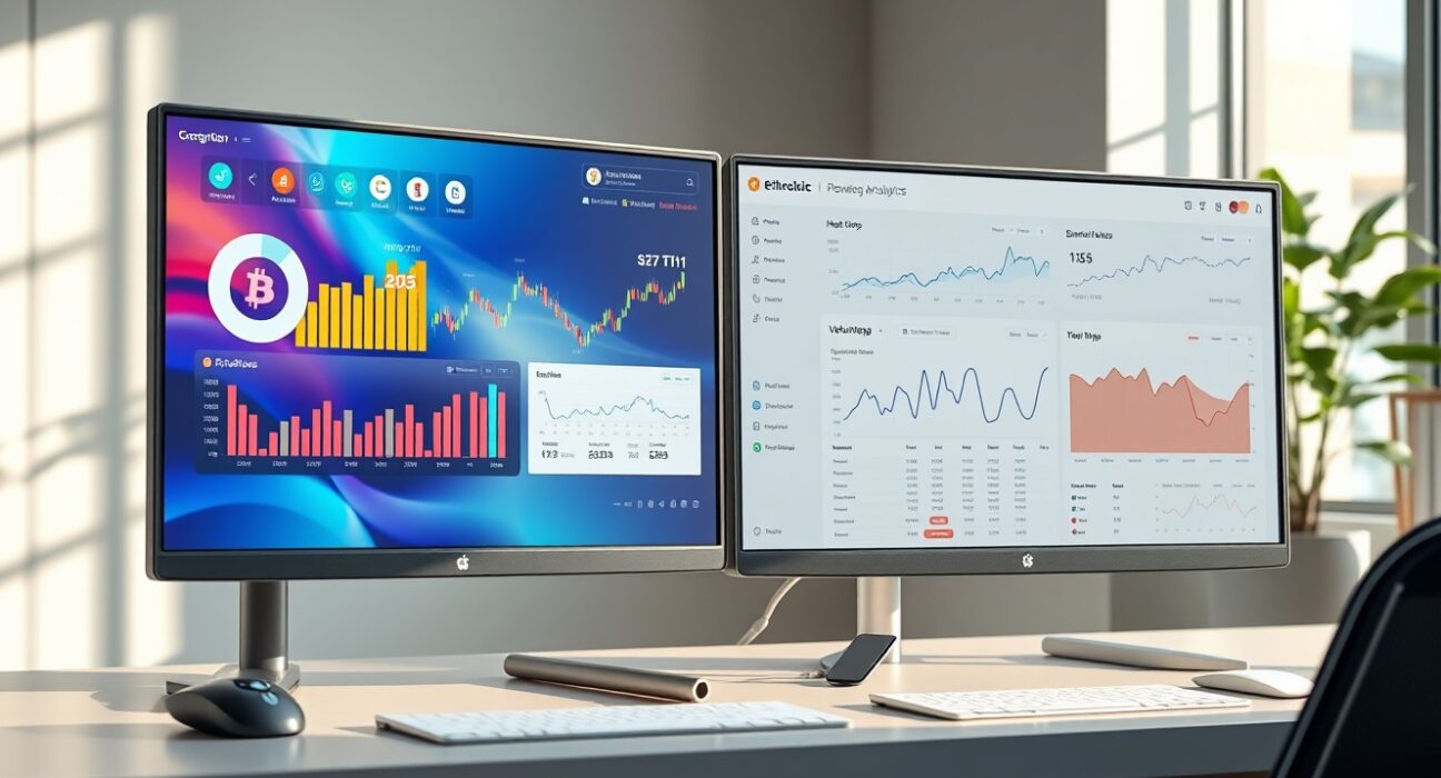 Analysis of cryptocurrency social media dominance and AI search volume on dual trading desk monitors.