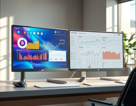 Analysis of cryptocurrency social media dominance and AI search volume on dual trading desk monitors.