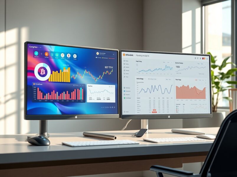 Analysis of cryptocurrency social media dominance and AI search volume on dual trading desk monitors.