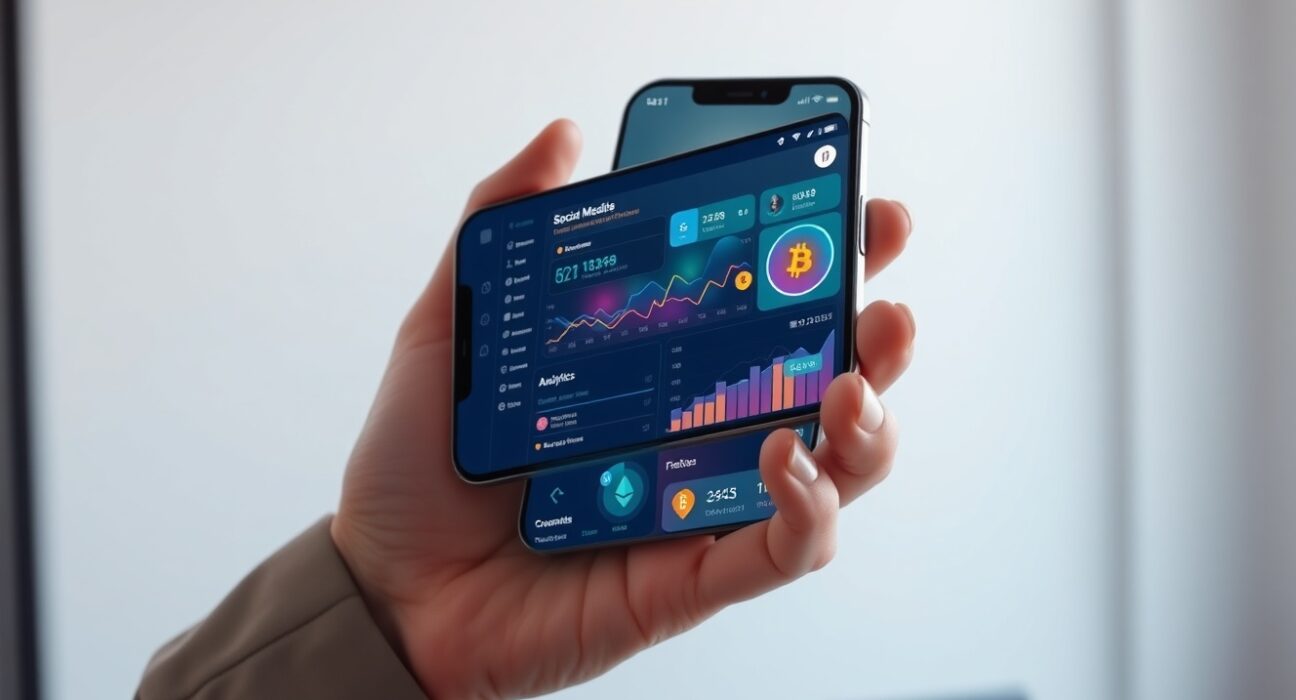 Analysis of cryptocurrency social media engagement and AI search trends on a smartphone dashboard.