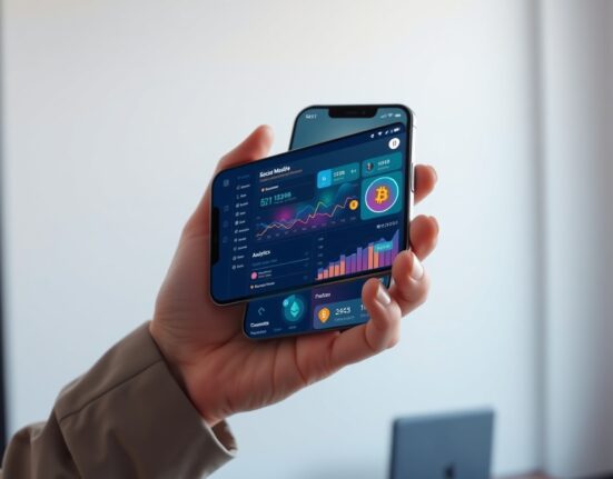 Analysis of cryptocurrency social media engagement and AI search trends on a smartphone dashboard.