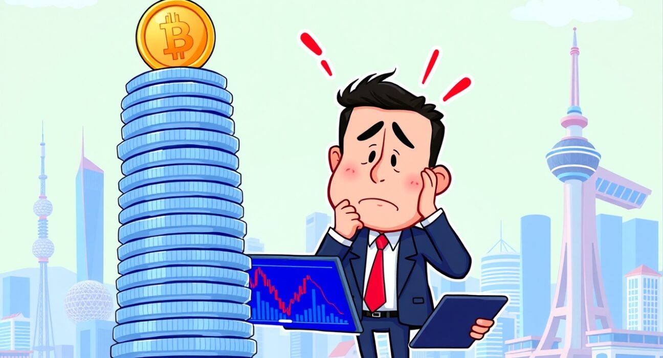 Cartoon illustration of a dramatic drop in cryptocurrency trading volume on South Korean exchanges.