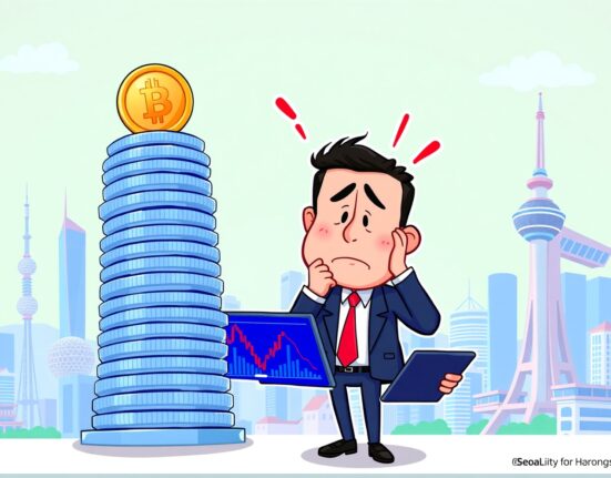Cartoon illustration of a dramatic drop in cryptocurrency trading volume on South Korean exchanges.