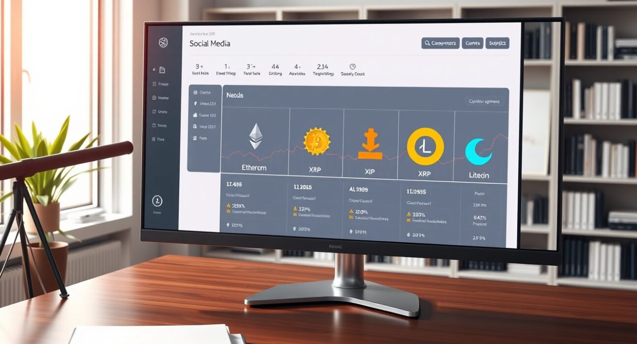 Analyst monitoring cryptocurrency social media trends on a dashboard showing Bitcoin, Ethereum, XRP, Chainlink, and Litecoin data.