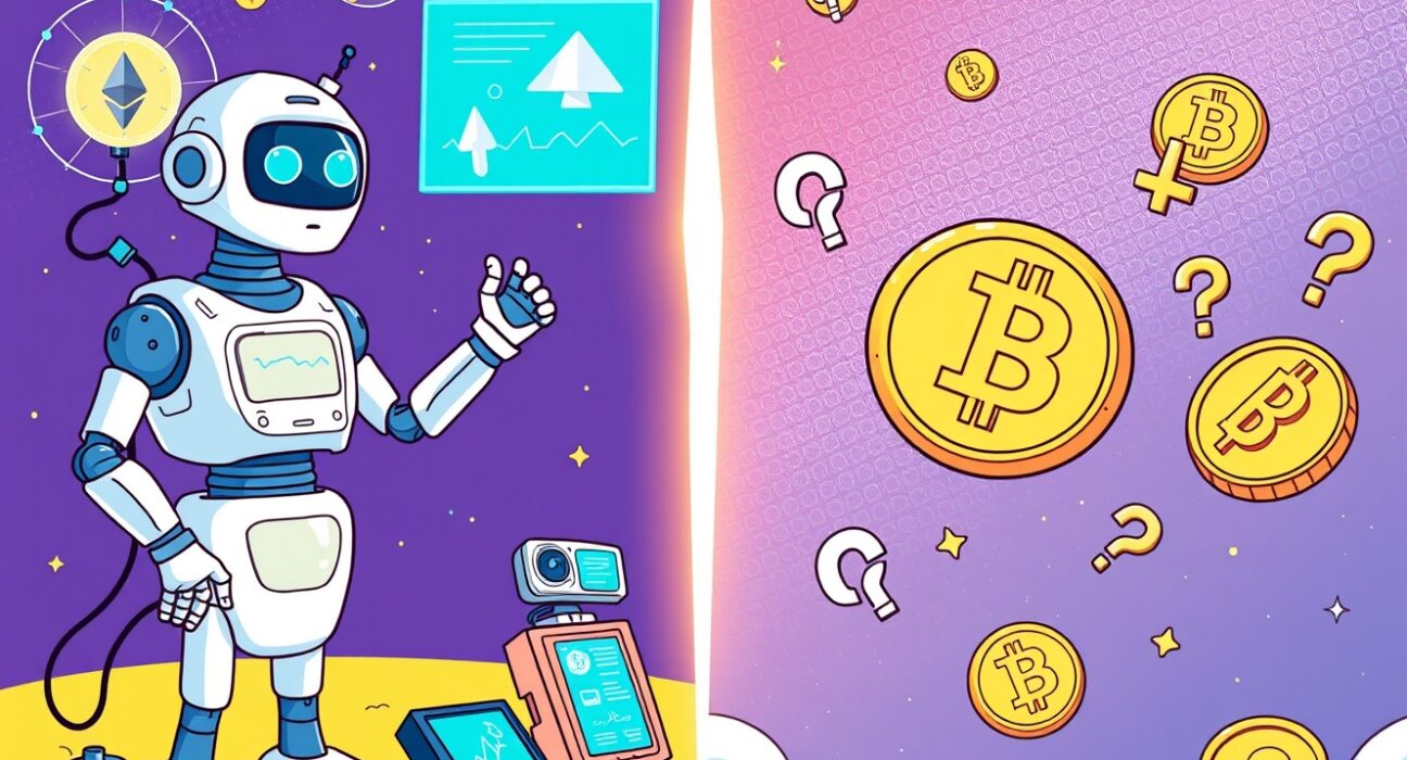 Cartoon illustration comparing cryptocurrency use cases with AI applications in vibrant style