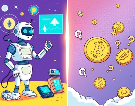 Cartoon illustration comparing cryptocurrency use cases with AI applications in vibrant style