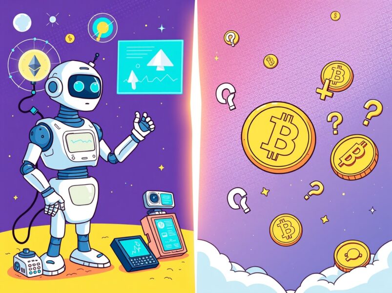 Cartoon illustration comparing cryptocurrency use cases with AI applications in vibrant style