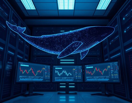 Cryptocurrency whale represented in a data center analyzing major Bitcoin and Ethereum short positions.