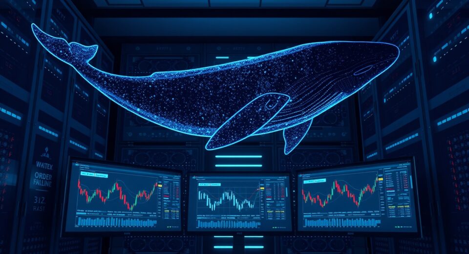 Cryptocurrency whale represented in a data center analyzing major Bitcoin and Ethereum short positions.