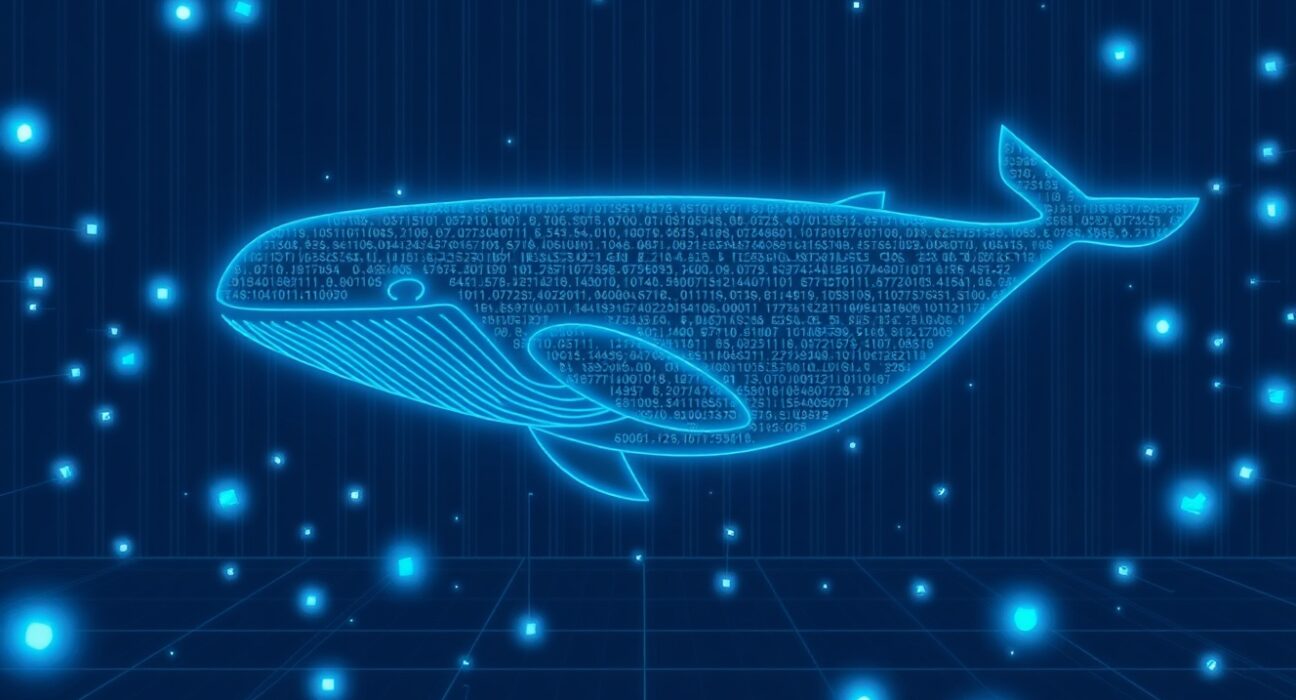 A symbolic representation of a cryptocurrency whale transaction moving through a blockchain network.