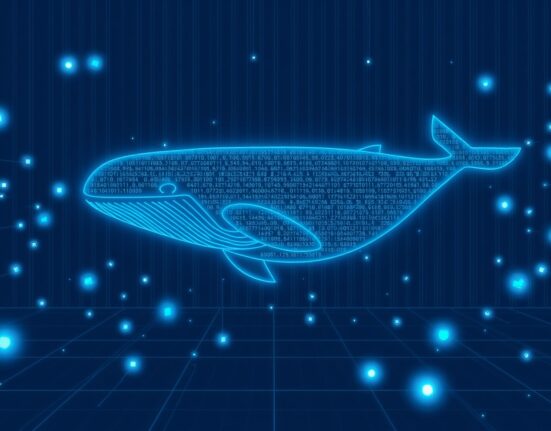 A symbolic representation of a cryptocurrency whale transaction moving through a blockchain network.