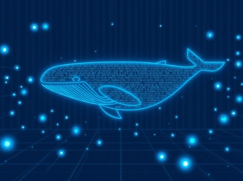 A symbolic representation of a cryptocurrency whale transaction moving through a blockchain network.