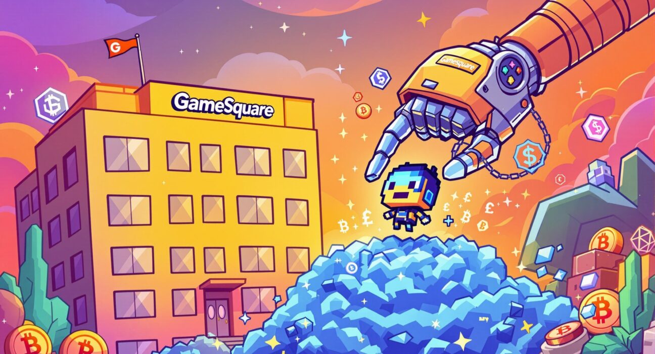 A cartoon illustration symbolizing GameSquare's strategic CryptoPunk acquisition, showing a large entity securing a valuable digital asset.
