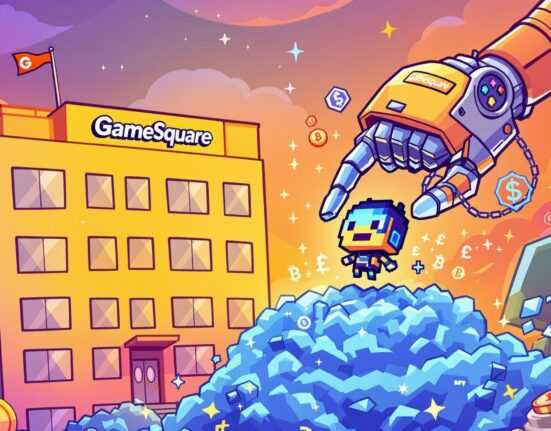 A cartoon illustration symbolizing GameSquare's strategic CryptoPunk acquisition, showing a large entity securing a valuable digital asset.