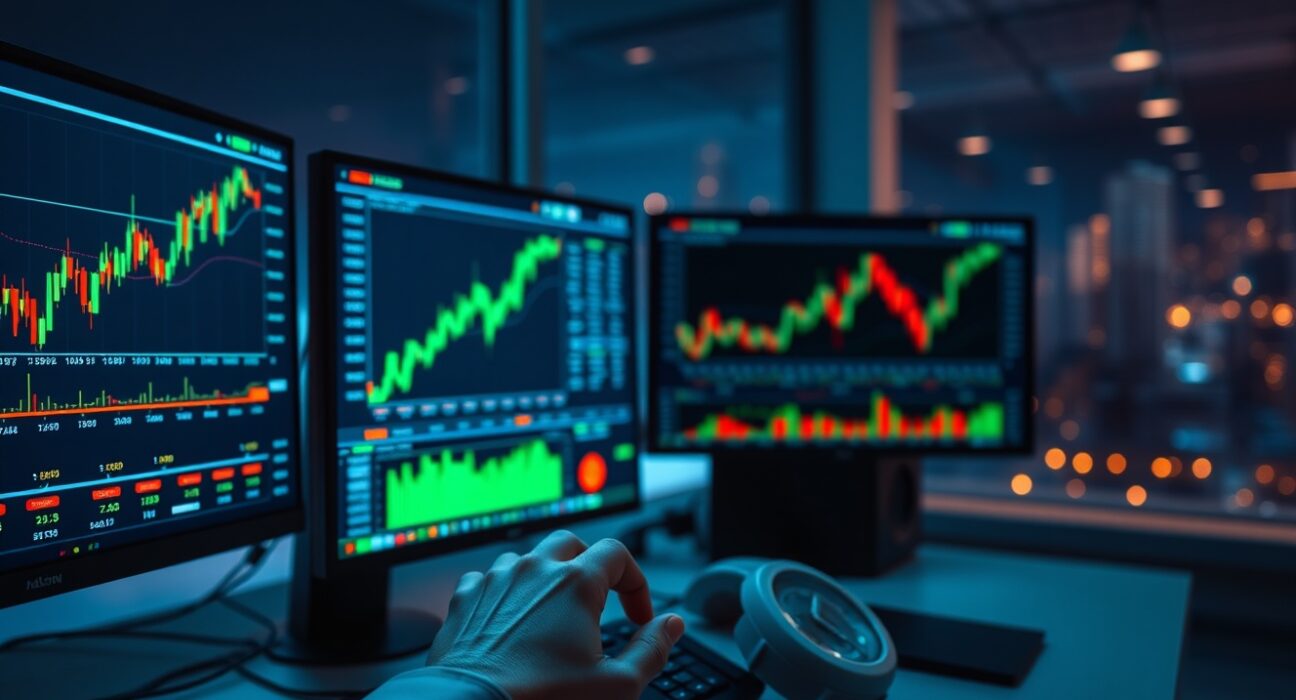 Trading desk monitors displaying altcoin charts and volume data in a professional trading office