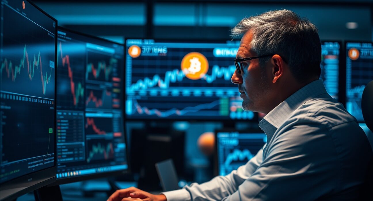 Analyst monitoring Bitcoin price charts and stock tickers in a dimly lit office