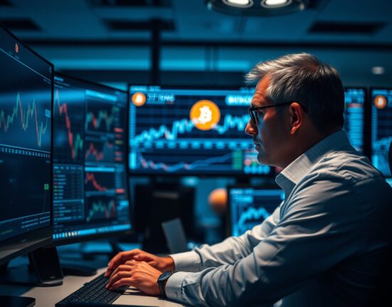 Analyst monitoring Bitcoin price charts and stock tickers in a dimly lit office