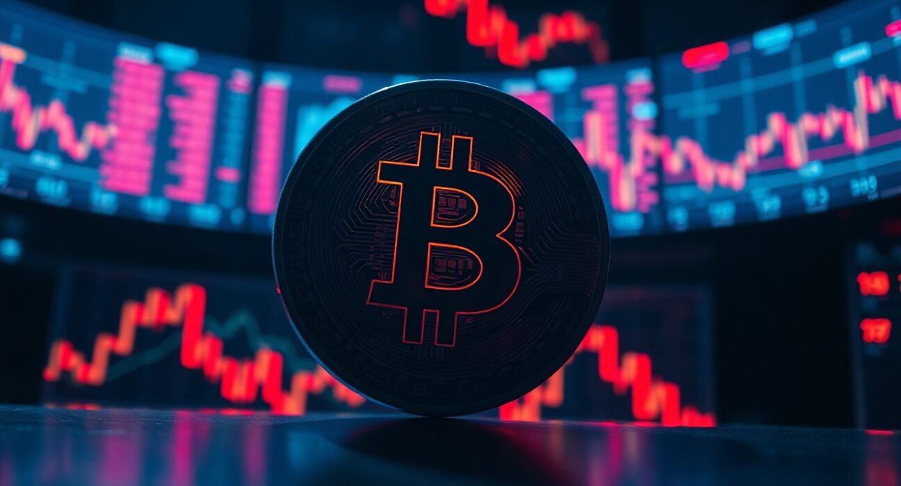Bitcoin coin in focus against red trading charts symbolizing market sell-off