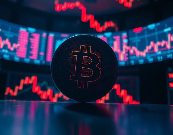 Bitcoin coin in focus against red trading charts symbolizing market sell-off