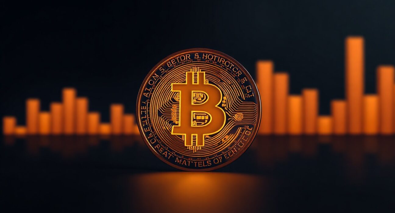 Bitcoin coin with upward-trending charts representing historical July rally potential
