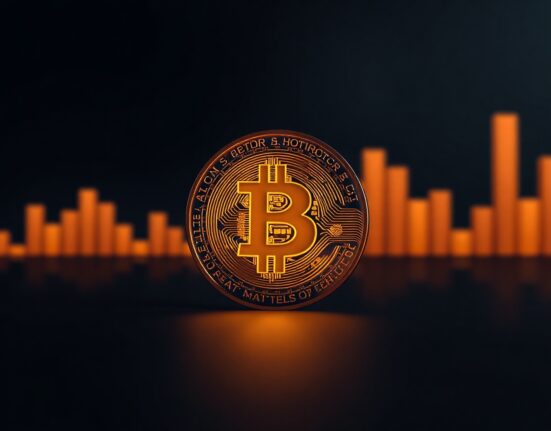 Bitcoin coin with upward-trending charts representing historical July rally potential