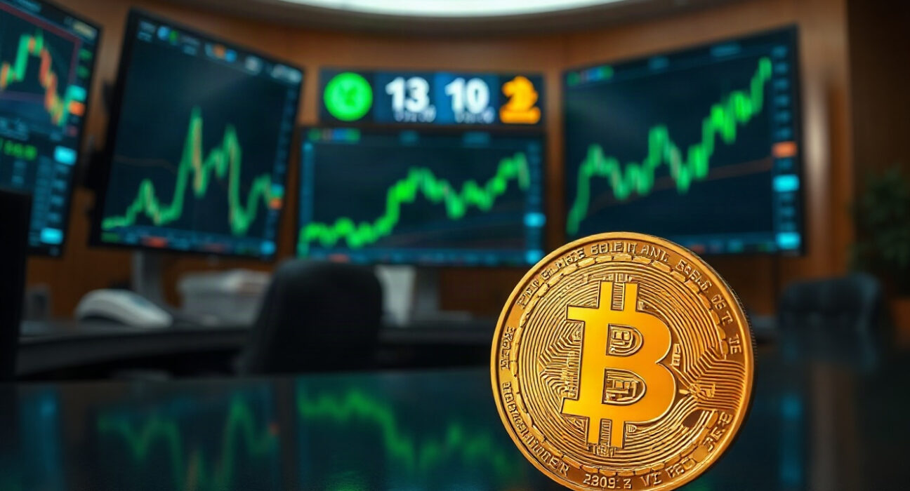 Bitcoin coin on trading floor with bullish chart displays in background