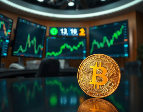 Bitcoin coin on trading floor with bullish chart displays in background