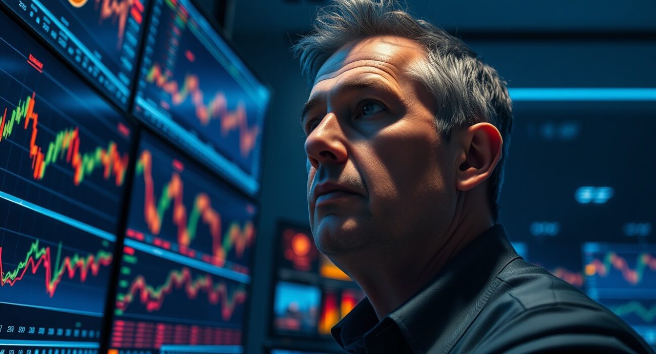 Analyst studying Bitcoin price charts on multiple monitors in a dimly lit office.