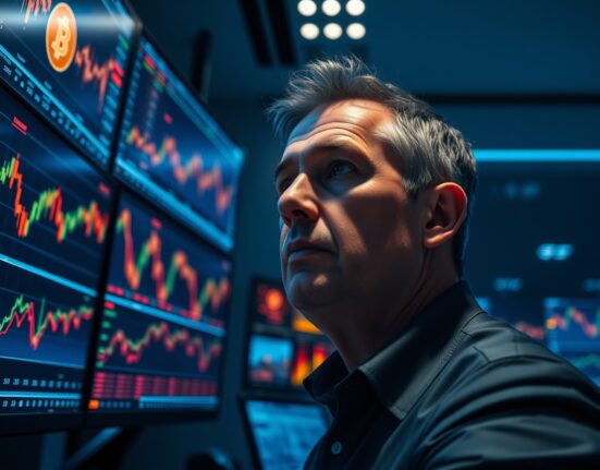 Analyst studying Bitcoin price charts on multiple monitors in a dimly lit office.