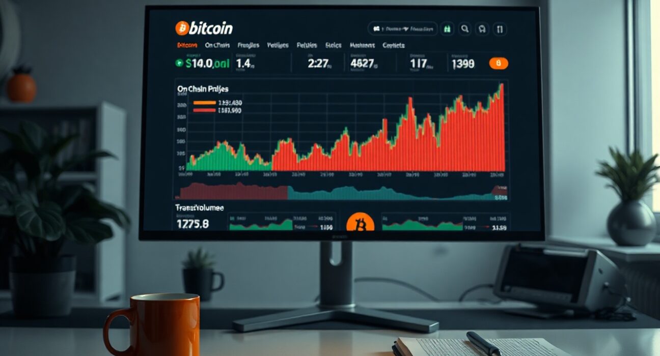 Bitcoin on-chain data dashboard on a monitor in a research office, illustrating CryptoQuant analysis.