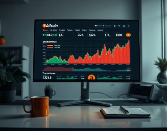 Bitcoin on-chain data dashboard on a monitor in a research office, illustrating CryptoQuant analysis.