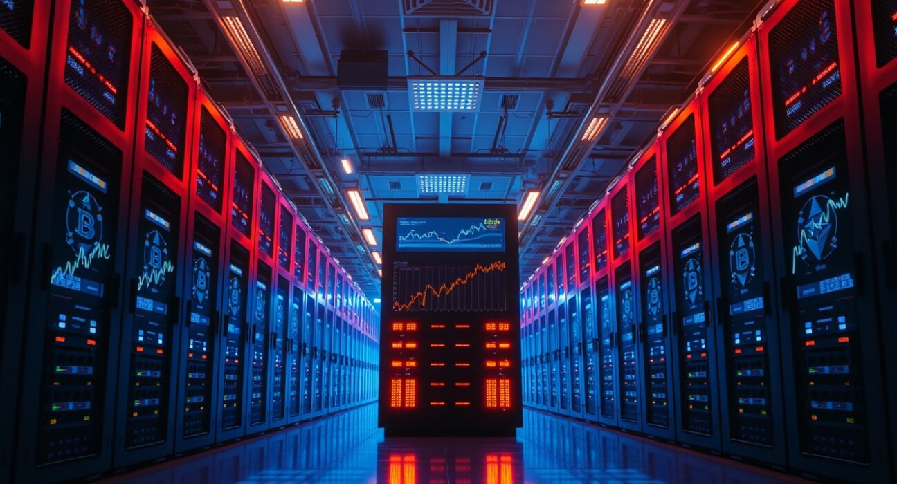 Cryptocurrency exchange server room with Bitcoin and Ethereum price charts showing volatility