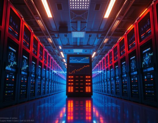 Cryptocurrency exchange server room with Bitcoin and Ethereum price charts showing volatility