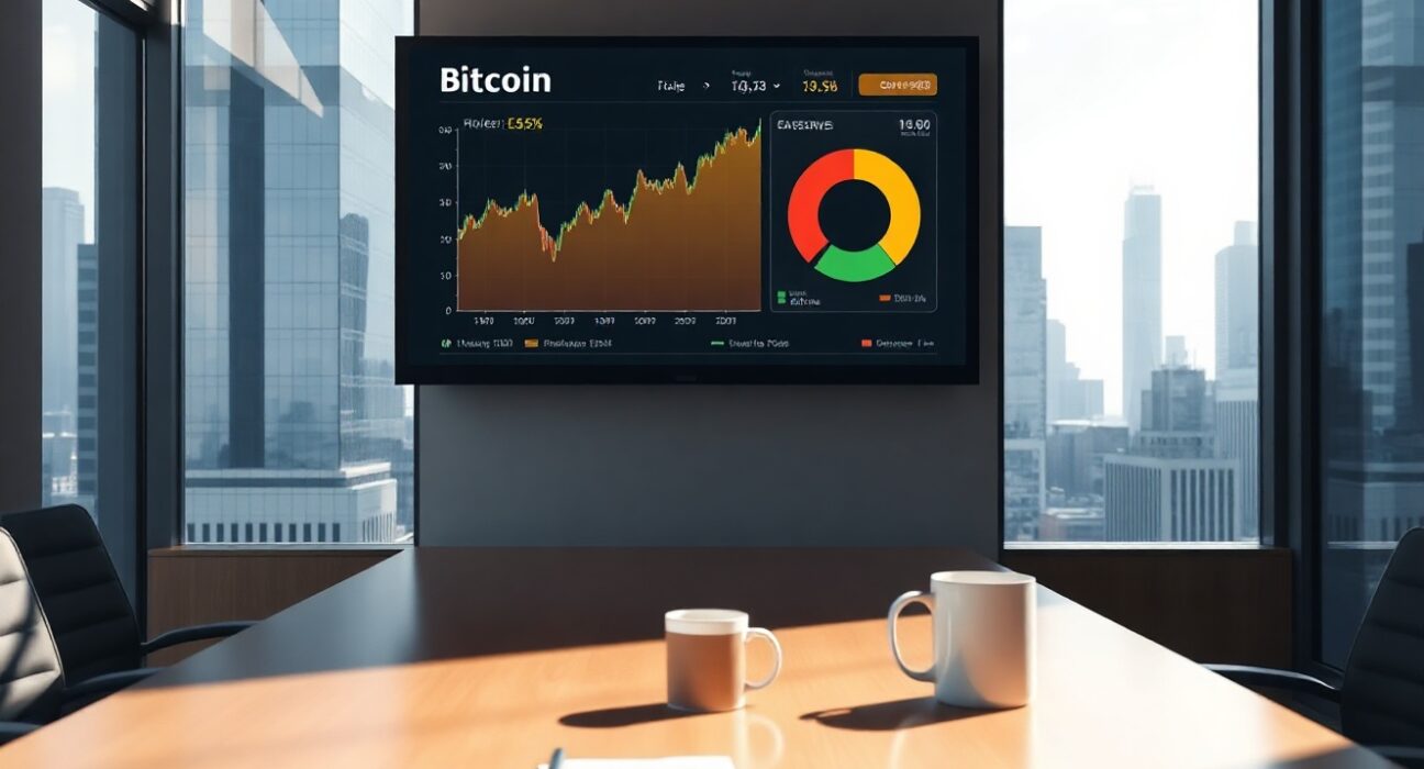 Corporate boardroom with Bitcoin price chart and cash reserve pie chart on a large screen