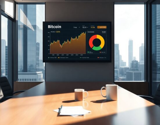 Corporate boardroom with Bitcoin price chart and cash reserve pie chart on a large screen