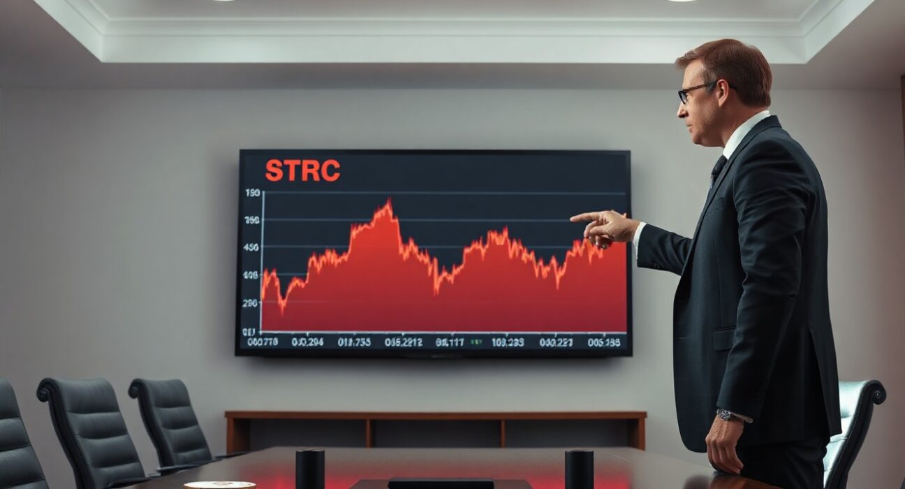 Financial analyst in boardroom pointing at declining STRC stock chart with Bitcoin price ticker