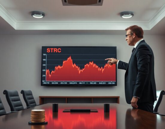 Financial analyst in boardroom pointing at declining STRC stock chart with Bitcoin price ticker