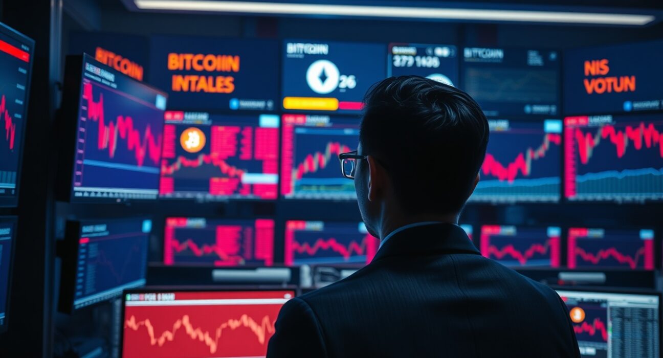 Trader monitoring Bitcoin and Ethereum price charts on multiple screens in a dim trading floor