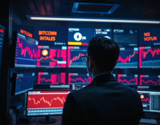 Trader monitoring Bitcoin and Ethereum price charts on multiple screens in a dim trading floor