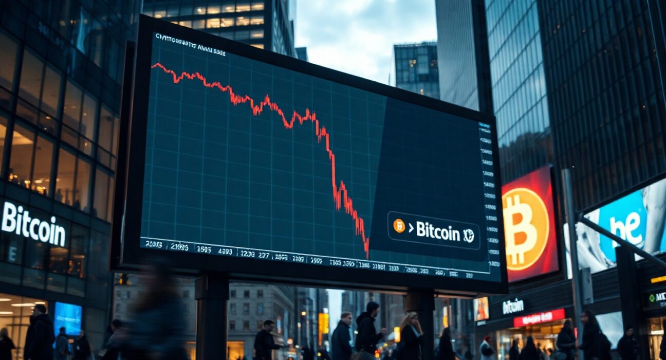 A digital billboard showing a declining cryptocurrency price chart in a city square, illustrating market volatility.