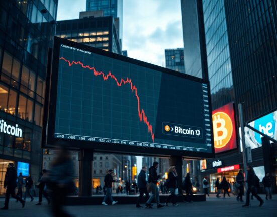 A digital billboard showing a declining cryptocurrency price chart in a city square, illustrating market volatility.