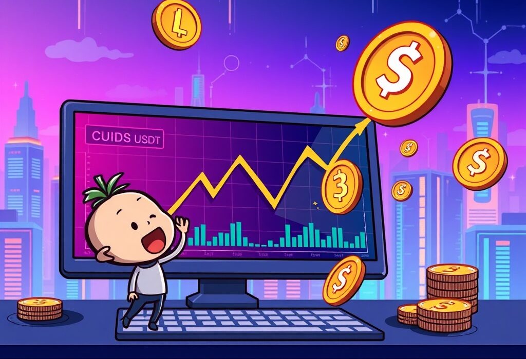 Cartoon illustration of a trader interacting with a screen displaying the new CUDIS/USDT perpetual contract listing on Binance, symbolizing trading excitement.