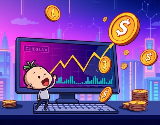 Cartoon illustration of a trader interacting with a screen displaying the new CUDIS/USDT perpetual contract listing on Binance, symbolizing trading excitement.