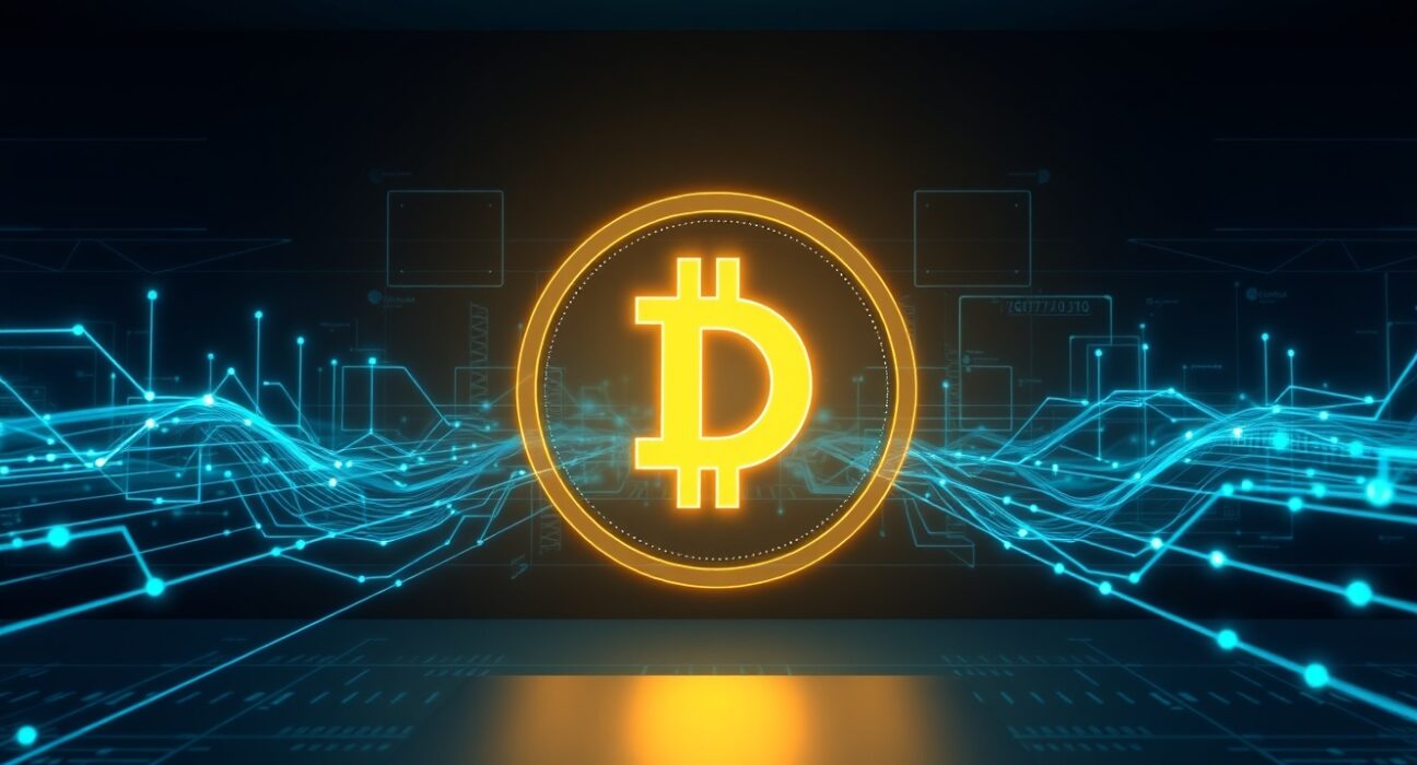 Digital illustration of USDC token with blockchain data streams representing a large cryptocurrency transfer.